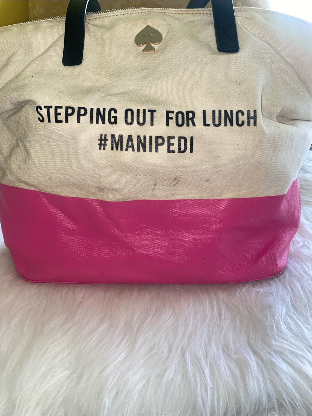 kate spade Cream and Bright Pink Canvas Tote with Slogan